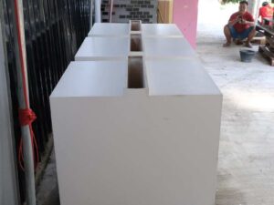 Set of large wooden product shelves, 2 sides, 3 compartments on each side / 3 shelves per compartment (available in white and black)