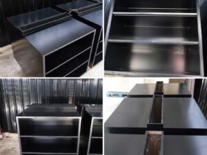 Set of large wooden product shelves, 2 sides, 3 compartments on each side / 3 shelves per compartment (available in white and black)