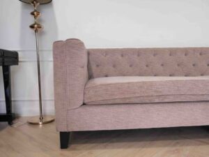 Tuxedo sofa, 2-3 seats, fabric upholstery, brown button-pull backrest, wooden frame, black legs