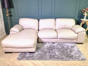 3-seat L sofa, wooden frame, leather seats, white.