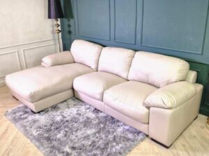 3-seat L sofa, wooden frame, leather seats, white.