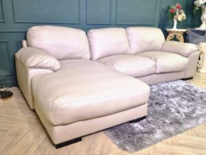 3-seat L sofa, wooden frame, leather seats, white.