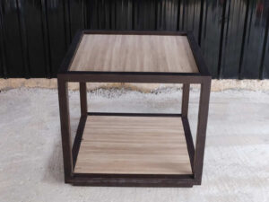 Product display table, display stand, wooden shelf brown steel frame