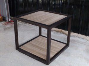 Product display table, display stand, wooden shelf brown steel frame
