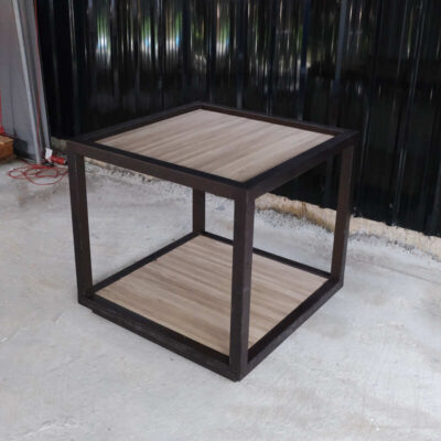 Product display table, display stand, wooden shelf brown steel frame