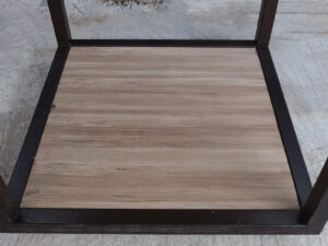 Product display table, display stand, wooden shelf brown steel frame