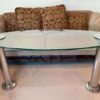 Hotel work desk, glass top, 10 mm thick, stainless steel legs.