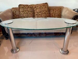 Hotel work desk, glass top, 10 mm thick, stainless steel legs.