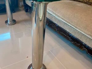 Hotel work desk, glass top, 10 mm thick, stainless steel legs.