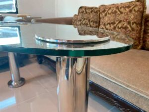 Hotel work desk, glass top, 10 mm thick, stainless steel legs.