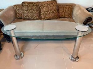 Hotel work desk, glass top, 10 mm thick, stainless steel legs.
