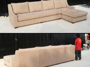 Leather pattern fabric sofa, L-Shape corner, 4 seat sofa, King Size, with rivets all around.