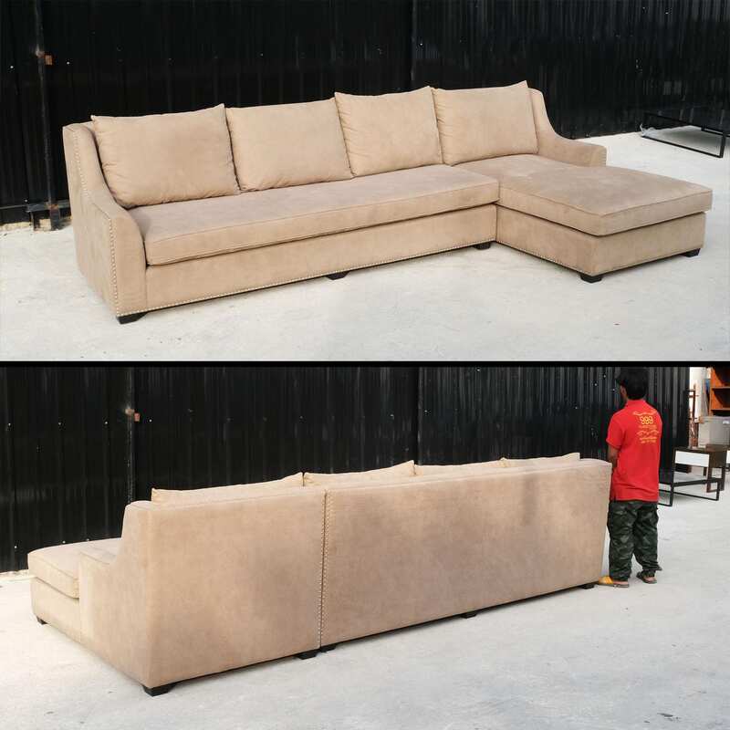 Leather pattern fabric sofa, L-Shape corner, 4 seat sofa, King Size, with rivets all around.