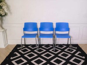 Chair, steel legs, plastic cushion, blue