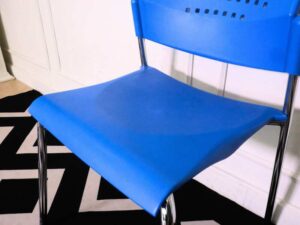 Chair, steel legs, plastic cushion, blue