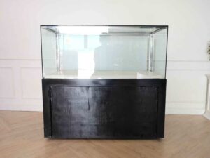 Jewelry showcase cabinet, display showcase cabinet, display cabinet, black wooden frame, white display base, 2 sliding doors, with wheels.