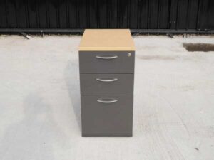 Gray wooden filing cabinet with 3 drawers, cream colored wood top. (no wheels/no key)