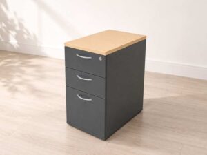 Gray wooden filing cabinet with 3 drawers, cream colored wood top. (no wheels/no key)
