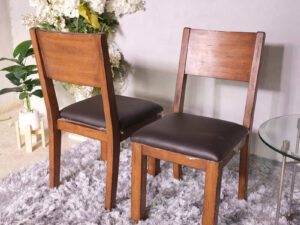 Wooden chair, dark brown leather seat, beautiful design, square legs.