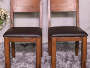 Wooden chair, dark brown leather seat, beautiful design, square legs.