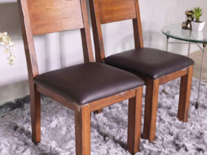 Wooden chair, dark brown leather seat, beautiful design, square legs.