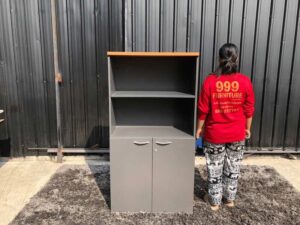 Tall file cabinet, 2 doors, gray color, wooden top.