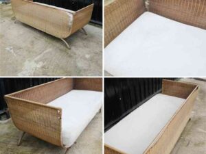 Rattan sofa, white cushion, modern design.