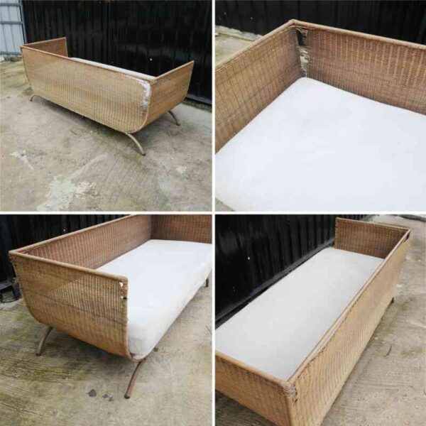 Rattan sofa, white cushion, modern design.