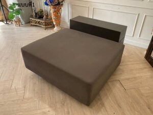 Square sofa, leather seat, wooden frame, gray color.