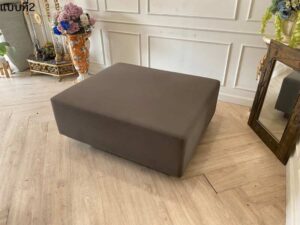 Square sofa, leather seat, wooden frame, gray color.