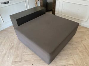 Square sofa, leather seat, wooden frame, gray color.