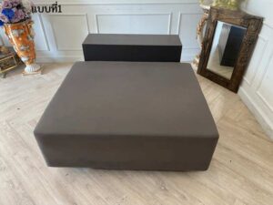 Square sofa, leather seat, wooden frame, gray color.