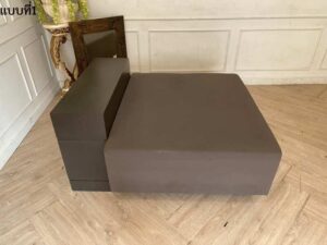 Square sofa, leather seat, wooden frame, gray color.