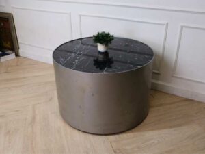 Round table, wooden frame, marble top, gray color