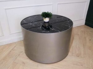 Round table, wooden frame, marble top, gray color