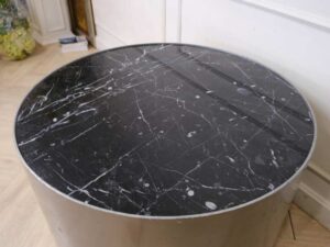 Round table, wooden frame, marble top, gray color