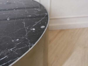 Round table, wooden frame, marble top, gray color