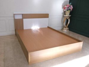 Bed base 5 feet, wooden frame, brown, white headboard.