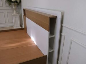 Bed base 5 feet, wooden frame, brown, white headboard.