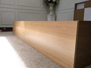 Bed base 5 feet, wooden frame, brown, white headboard.