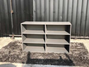 Document shelf, 6 shelves, wooden frame, gray color