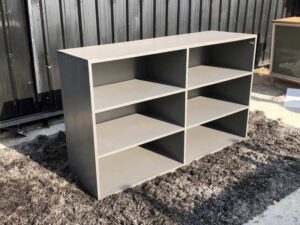 Document shelf, 6 shelves, wooden frame, gray color