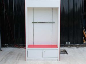 Wooden product shelf, hanging rail type, adjustable, red-white wooden frame, has 2 storage drawers.