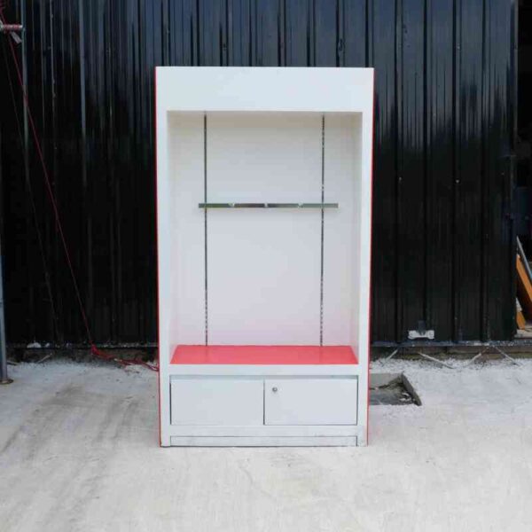 Wooden product shelf, hanging rail type, adjustable, red-white wooden frame, has 2 storage drawers.