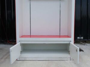 Wooden product shelf, hanging rail type, adjustable, red-white wooden frame, has 2 storage drawers.