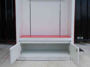 Wooden product shelf, hanging rail type, adjustable, red-white wooden frame, has 2 storage drawers.