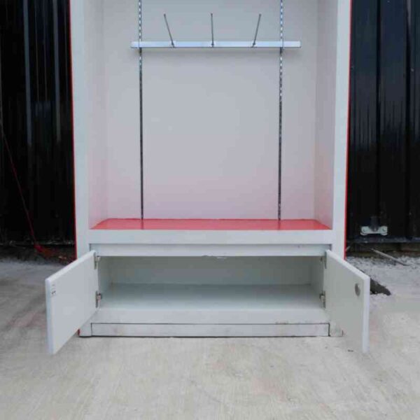 Wooden product shelf, hanging rail type, adjustable, red-white wooden frame, has 2 storage drawers.