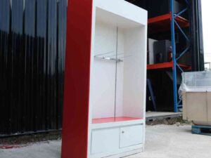 Wooden product shelf, hanging rail type, adjustable, red-white wooden frame, has 2 storage drawers.