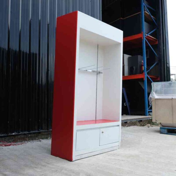 Wooden product shelf, hanging rail type, adjustable, red-white wooden frame, has 2 storage drawers.
