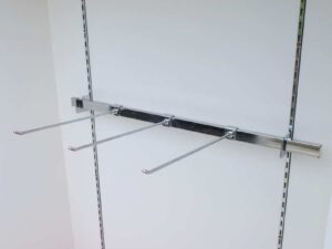 Wooden product shelf, hanging rail type, adjustable, red-white wooden frame, has 2 storage drawers.
